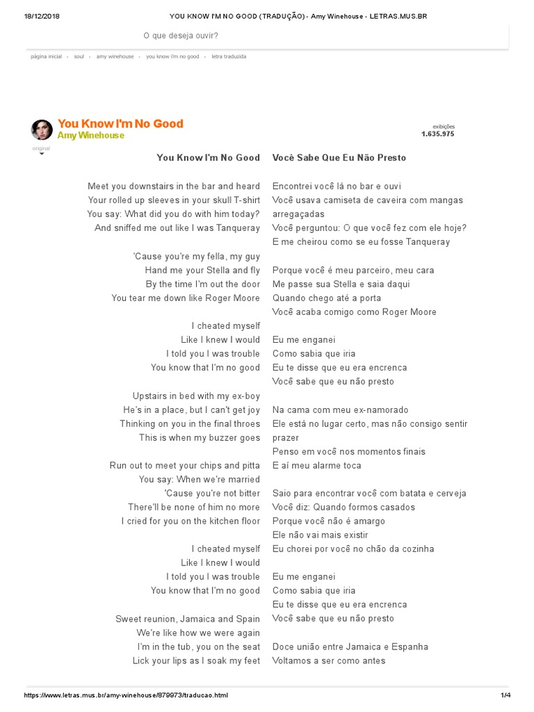 You Know I'm No Good (Tradução) - Amy Winehouse, PDF, Rhythm And Blues